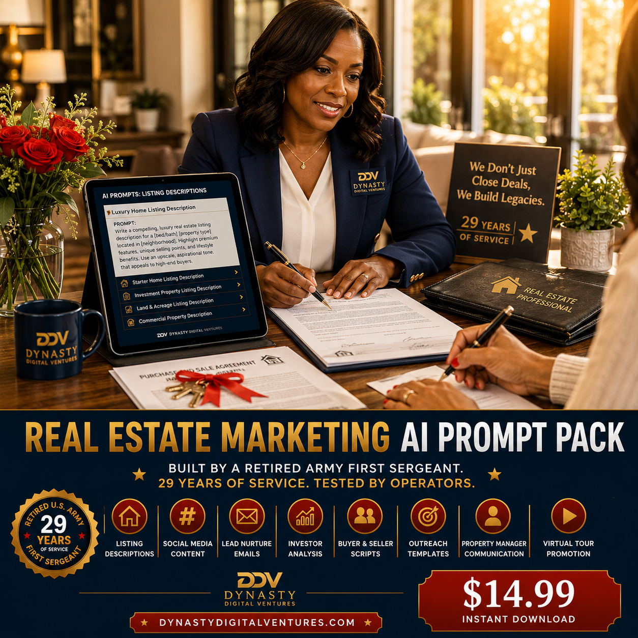 Black female real estate professional in navy blazer with DDV lapel pin, mid-signing at closing table with client, tablet showing AI Prompts Listing Descriptions interface, red roses in vase, “We Don’t Just Close Deals, We Build Legacies” sign with 29 Years of Service badge, real estate professional portfolio, house keys with red bow, DDV coffee mug. Warm golden hour lighting.
