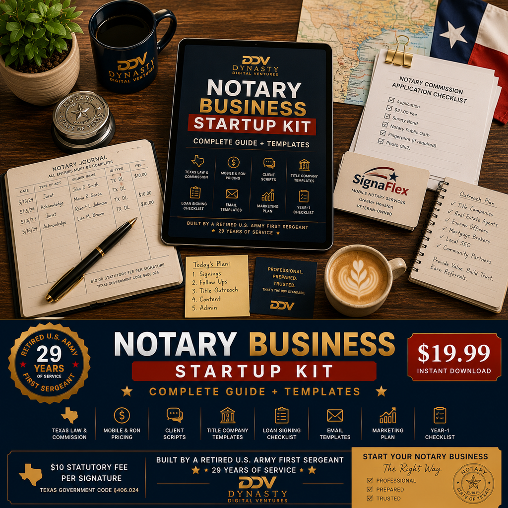 Notary Business Startup Kit — flat-lay hero with tablet showing Complete Guide + Templates cover with 8-icon strip, DDV mug, Texas Notary Public embosser, Notary Journal with $10 statutory fee entries per Texas Government Code 406.024, Notary Commission Application Checklist, SignaFlex Mobile Notary Services business card (Greater Houston, Veteran-Owned), Outreach Plan notepad, Today's Plan sticky, Professional Prepared Trusted DDV card, Texas map, Texas flag, latte, 29 Years First Sergeant, $19.99