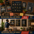 Motivational Wall Art Bundle — 20 original printable designs. DDV flat-lay + framed gallery-wall lifestyle hero.