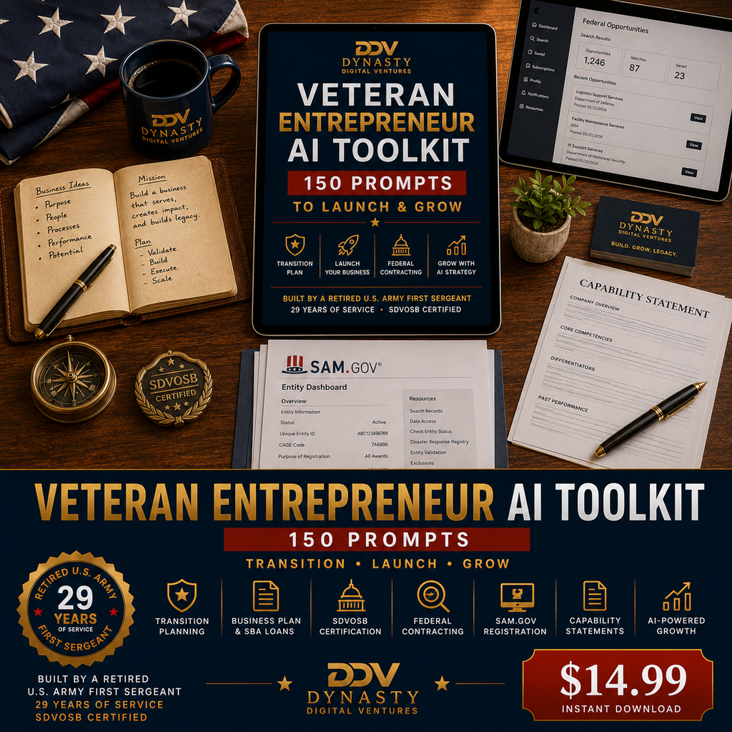 Veteran Entrepreneur AI Toolkit — flat-lay hero with American flag, SDVOSB Certified brass seal, SAM.gov entity dashboard, Capability Statement, brass compass, DDV mug, business cards, 150 PROMPTS TO LAUNCH & GROW cover, 29 Years First Sergeant badge, $14.99 Instant Download
