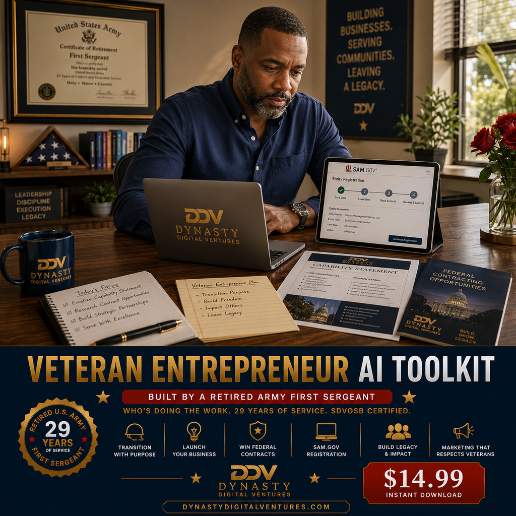 Veteran Entrepreneur AI Toolkit — Retired Army First Sergeant at desk with U.S. Army Certificate of Retirement framed, BUILDING BUSINESSES. SERVING COMMUNITIES. LEAVING A LEGACY. wall art, tablet showing SAM.gov Entity Registration for Dynasty Management Group LLC, Capability Statement, Federal Contracting Opportunities booklet, DDV mug, red roses