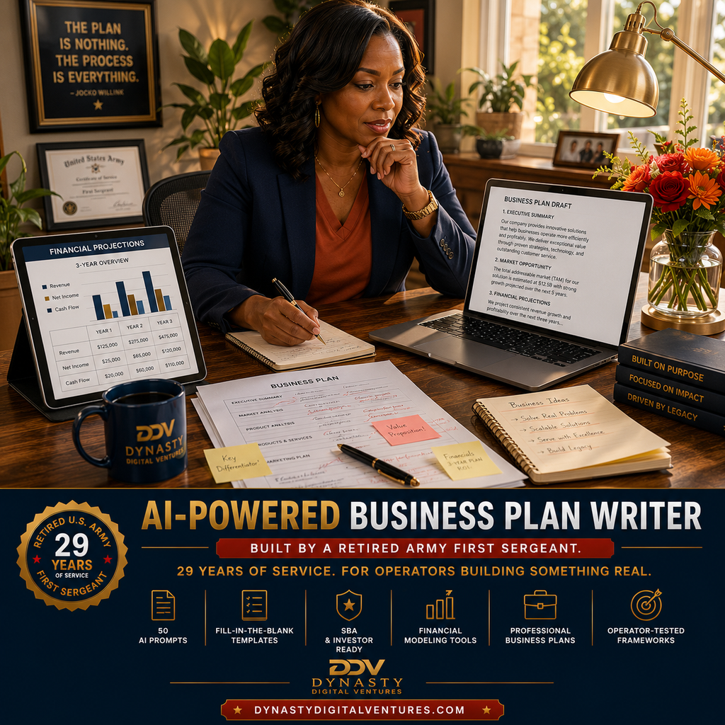 AI-Powered Business Plan Writer — Black female entrepreneur at home office writing business plan with Jocko Willink quote and Army First Sergeant certificate on the wall, DDV mug on desk