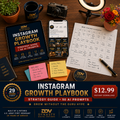 Instagram Growth Playbook — flat-lay hero with tablet showing Strategy Guide + 50 AI Prompts cover, phone mockup showing @dynastydigitalventures profile with 24.7K followers, DDV Content Calendar mapped by week, Reels Ideas + Content Pillars sticky notes, ring light, camera, DDV mug, 29 Years First Sergeant badge, $12.99 Instant Download, Grow Without the Guru Hype