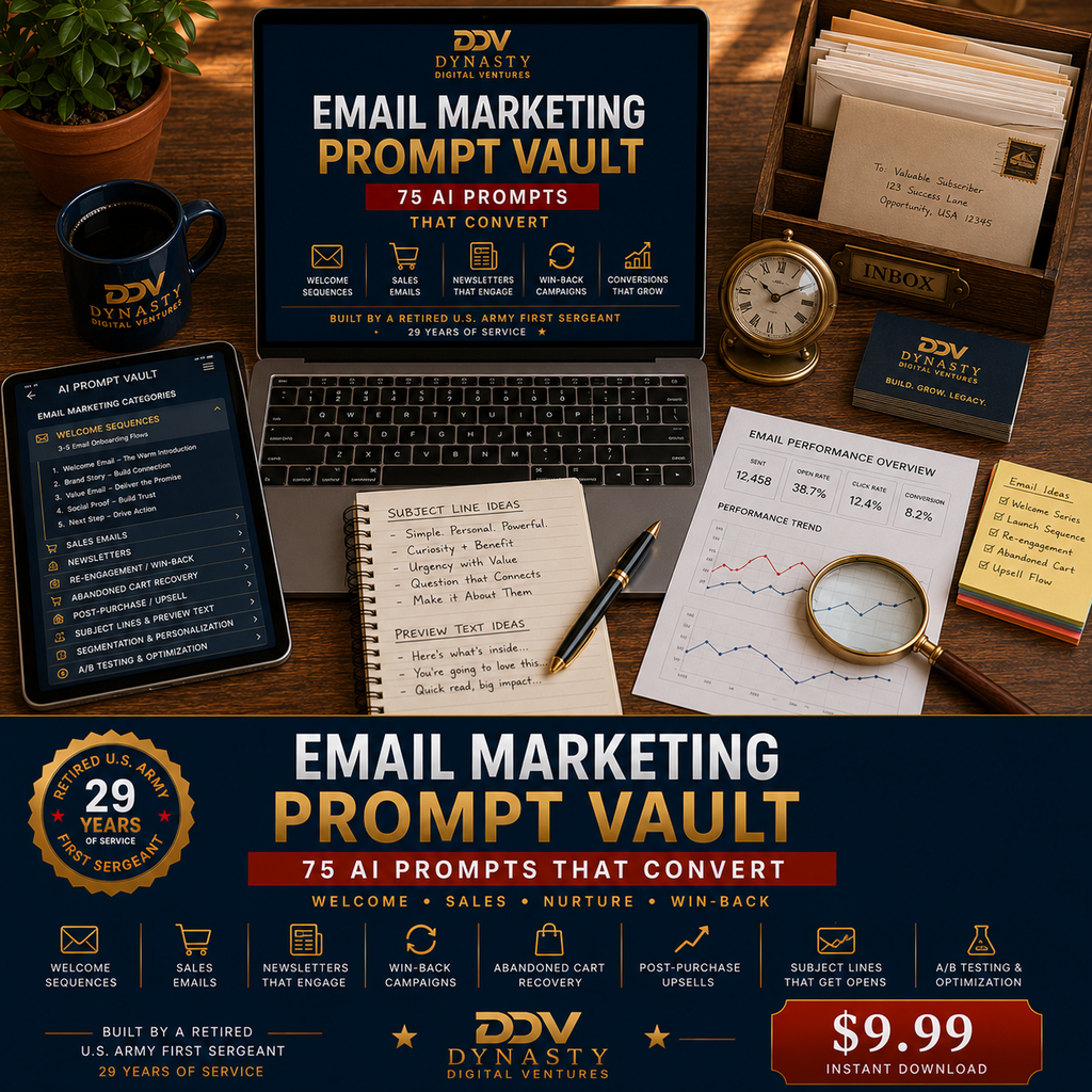 Email Marketing Prompt Vault — flat-lay hero with laptop showing 75 AI Prompts That Convert cover, tablet showing AI Prompt Vault with 9 email marketing categories, physical inbox with envelope to Valuable Subscriber, notepad with Subject Line + Preview Text Ideas, Email Performance Overview printout, brass send-timing clock, DDV mug, 29 Years First Sergeant badge, $9.99 Instant Download