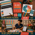 90-Day Social Media Content Calendar — 90 days of content planned across 4 pillars. Vibrant DDV flat-lay + creator lifestyle hero.