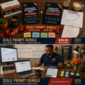 Scale Prompt Bundle — 350+ prompts + SOPs, save $19.99. DDV flat-lay + growth-stage lifestyle hero.