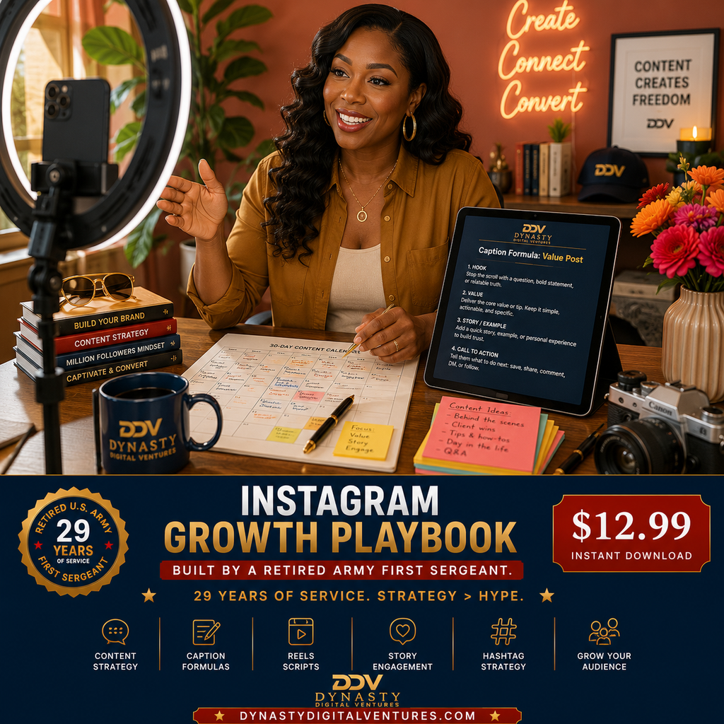 Instagram Growth Playbook — Black female content creator mid-Reel shoot at warm home studio, ring light with mounted iPhone, Create Connect Convert neon sign, Content Creates Freedom DDV framed art, DDV mug, tablet showing Value Post Caption Formula, 30-Day Content Calendar, marketing book stack, colorful sticky notes