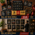 Wall Art Mega Bundle — 38 printable designs, save 35%. DDV abundance flat-lay + big gallery-wall lifestyle hero.