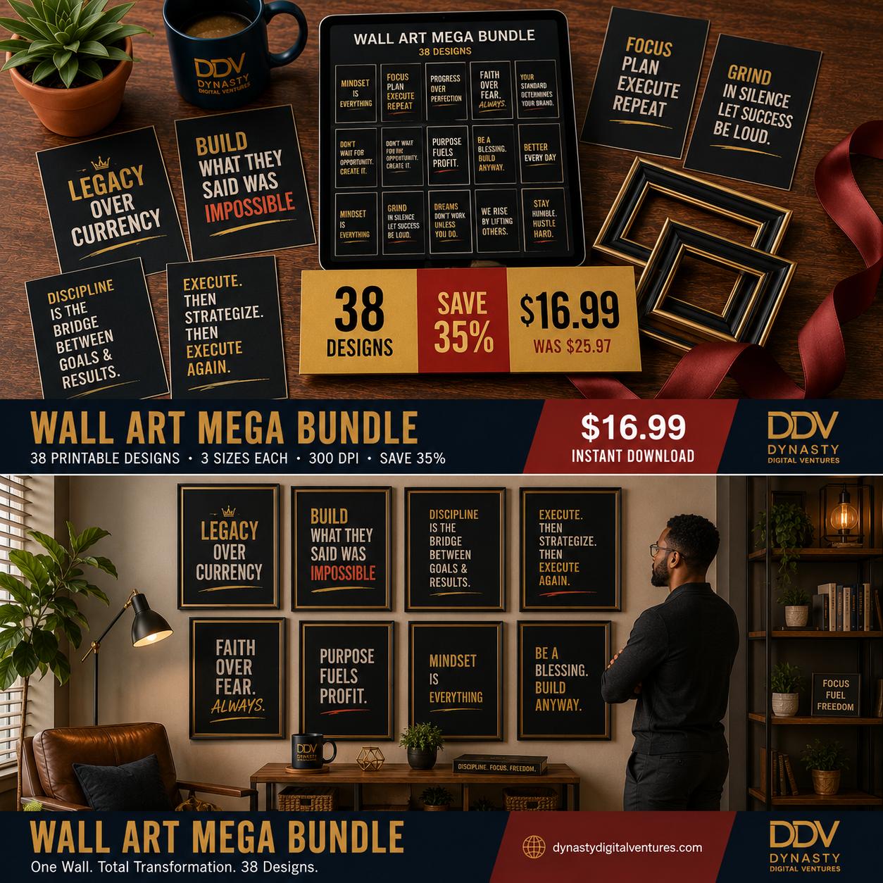Wall Art Mega Bundle — 38 printable designs, save 35%. DDV abundance flat-lay + big gallery-wall lifestyle hero.