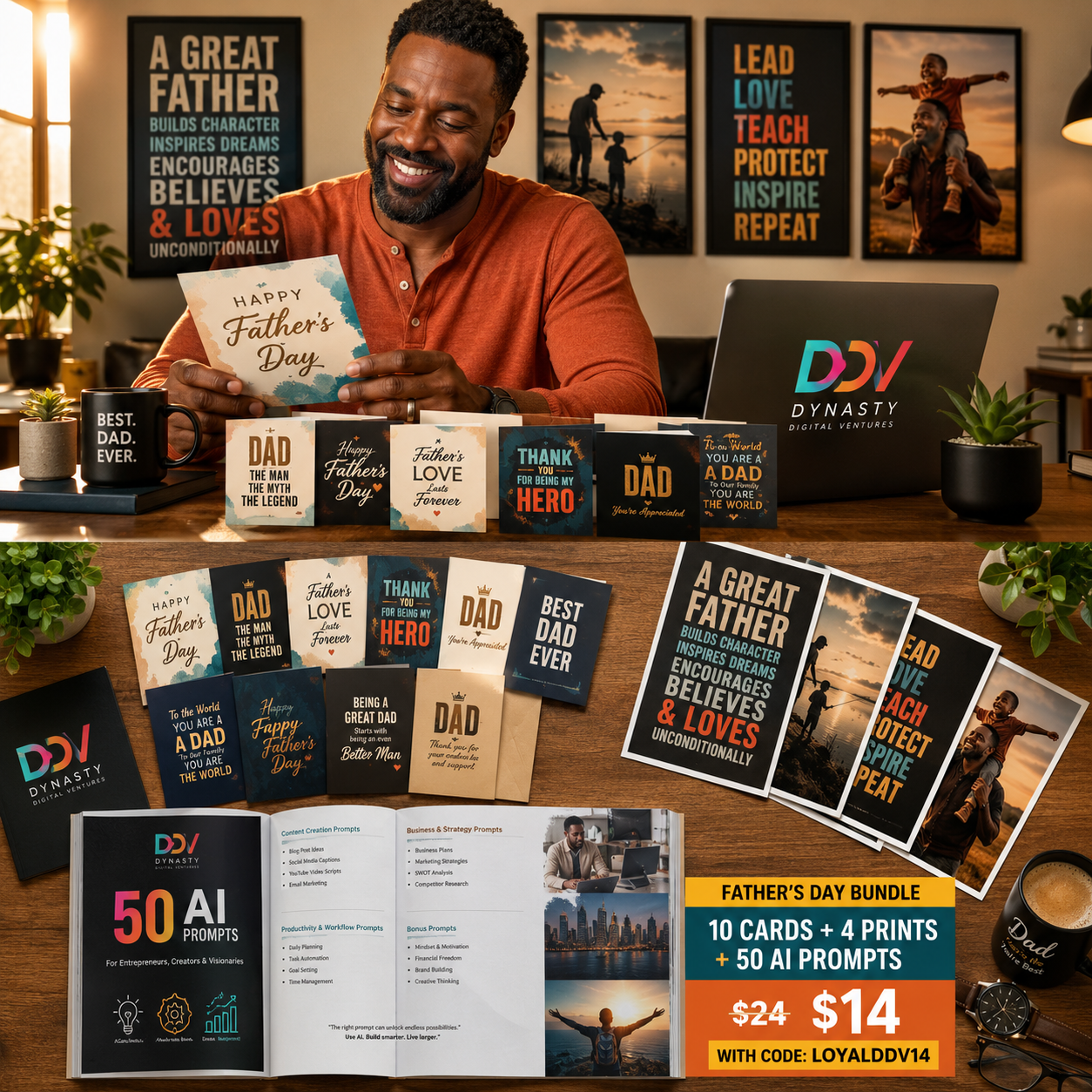 Father's Day Bundle — 10 Cards · 4 Wall Art Prints · 50 AI Prompts