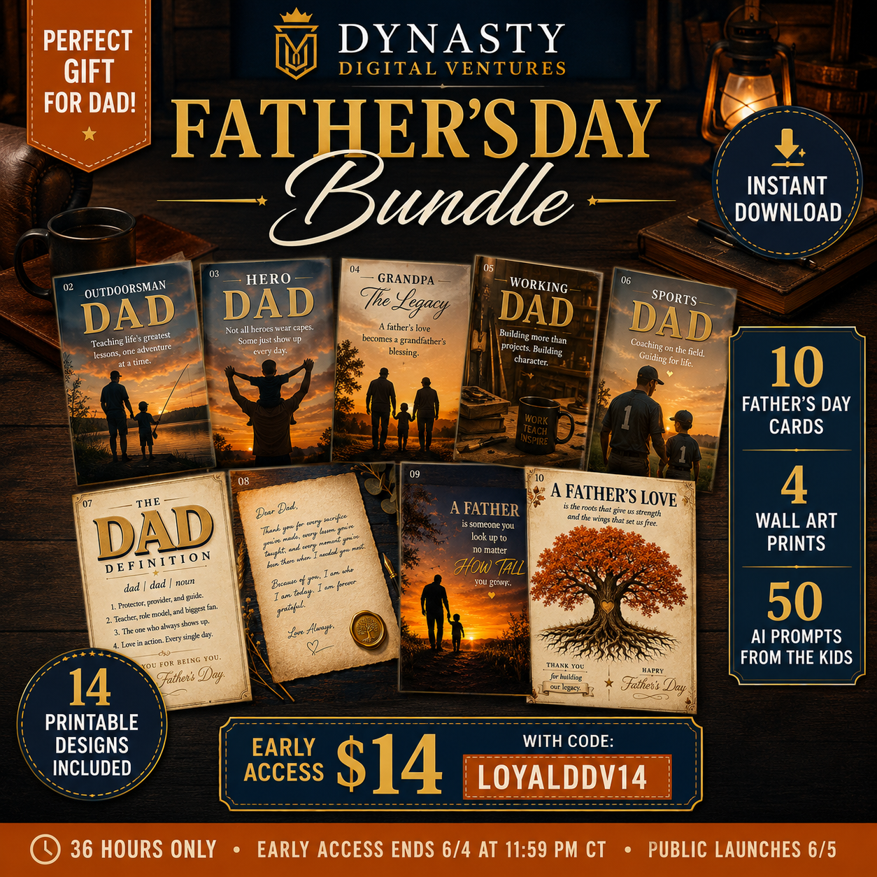 Father's Day Bundle — 10 Cards · 4 Wall Art Prints · 50 AI Prompts