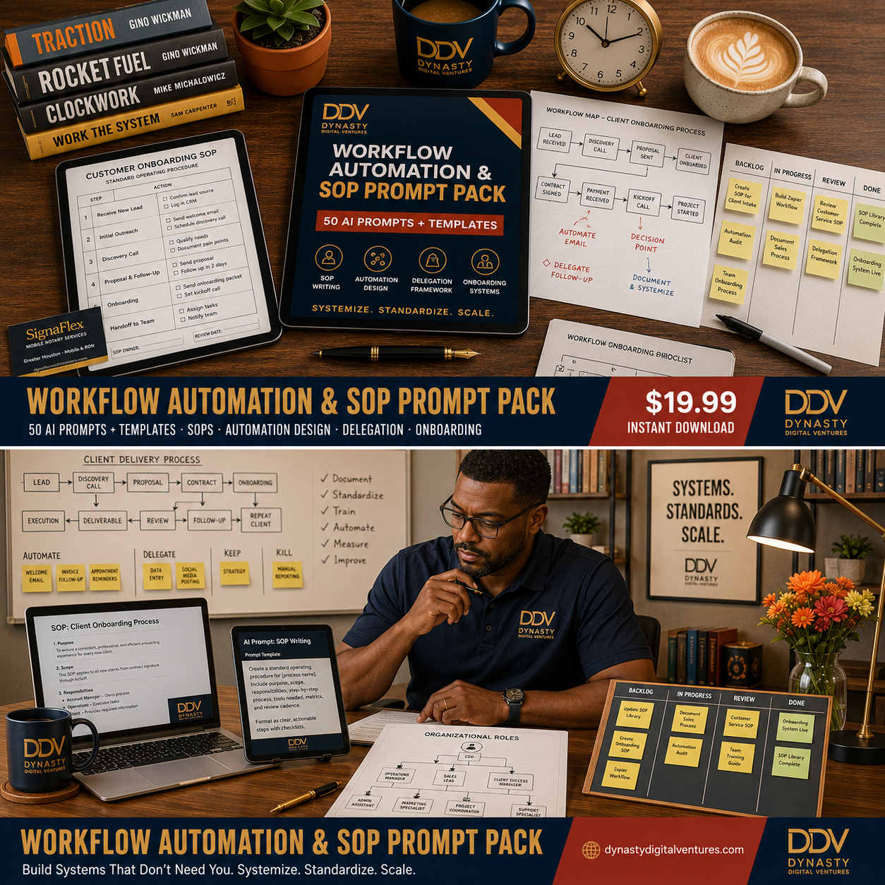 Workflow Automation & SOP Prompt Pack — 50 AI prompts + templates. Vibrant DDV flat-lay + ops lifestyle hero.