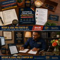 Notary & Legal Pro Starter Kit — 30 AI prompts + templates. DDV + SignaFlex flat-lay + notary lifestyle hero.