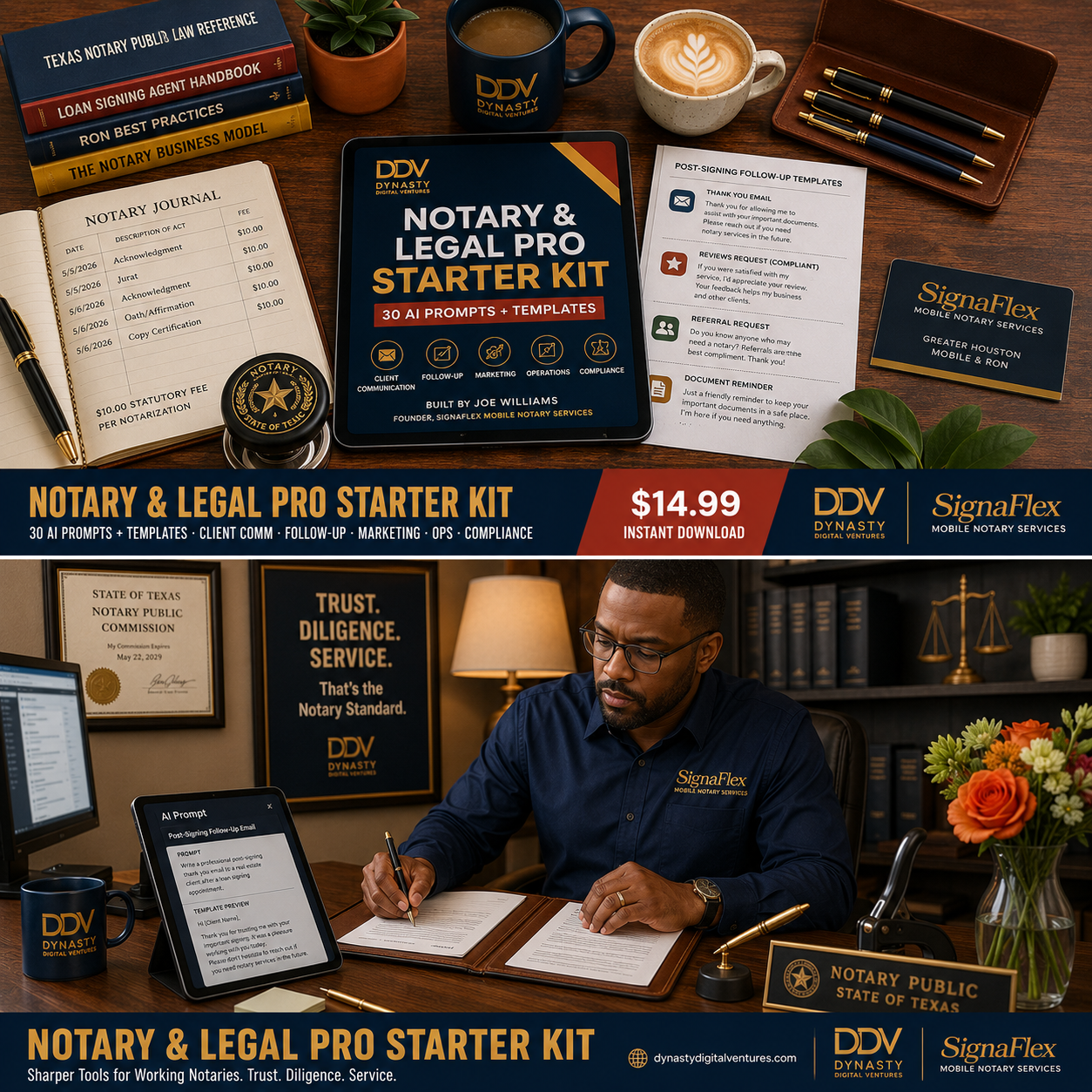 Notary & Legal Pro Starter Kit — 30 AI prompts + templates. DDV + SignaFlex flat-lay + notary lifestyle hero.