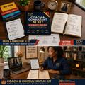 Coach & Consultant AI Kit — 40 AI prompts + templates. Vibrant DDV flat-lay + lifestyle hero with a Black coach.