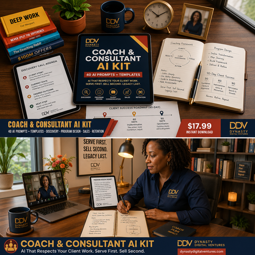 Coach & Consultant AI Kit — 40 AI prompts + templates. Vibrant DDV flat-lay + lifestyle hero with a Black coach.