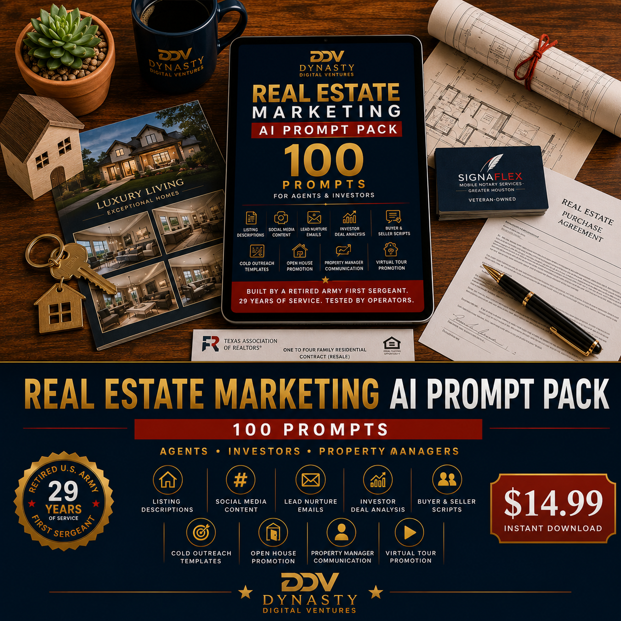 Real Estate + Notary Pro Bundle — 2 Dynasty Digital Ventures real estate and notary AI prompt products, save 30%. Vibrant flat-lay with model house, keys, and DDV branding.