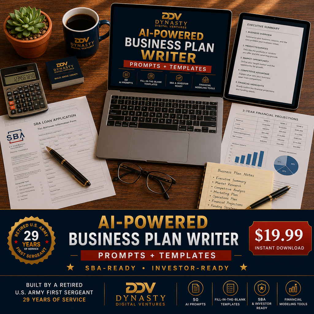 AI-Powered Business Plan Writer — flat-lay hero with laptop, tablet showing 3-Year Financial Projections, business plan draft, DDV mug, 29 Years First Sergeant badge, $19.99 Instant Download banner