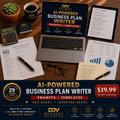 AI-Powered Business Plan Writer — flat-lay hero with laptop, tablet showing 3-Year Financial Projections, business plan draft, DDV mug, 29 Years First Sergeant badge, $19.99 Instant Download banner