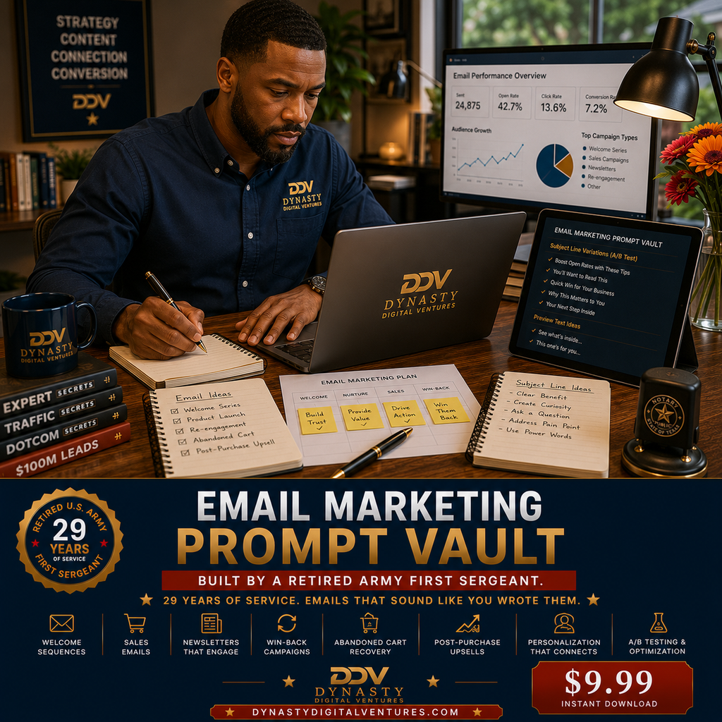Email Marketing Prompt Vault — Black male marketing pro wearing DDV-embroidered navy shirt at desk with DDV laptop, Email Performance dashboard (24875 sent, 42.7% open, 13.6% click), Subject Line A/B tablet, Expert/DotCom/Traffic Secrets + 100M Leads books, DDV mug, 29 Years First Sergeant, $9.99