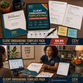 Client Onboarding Template Pack — 12 professional templates for service businesses. Vibrant DDV flat-lay + lifestyle hero with a Black consultant welcoming a client.