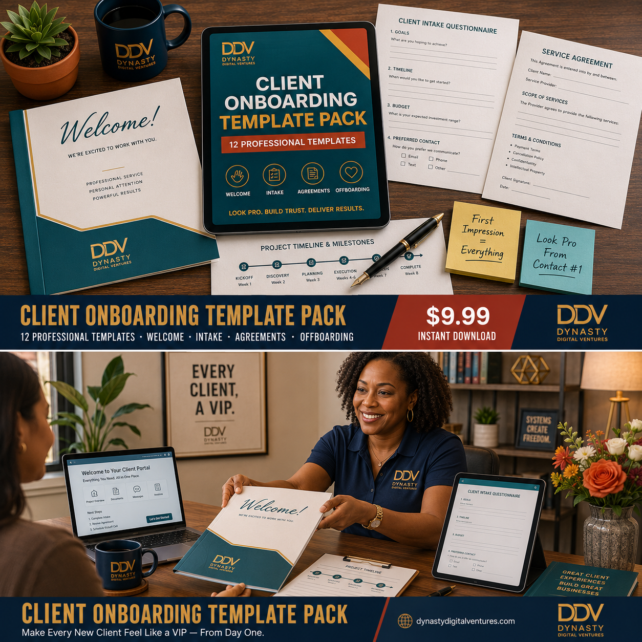 Client Onboarding Template Pack — 12 professional templates for service businesses. Vibrant DDV flat-lay + lifestyle hero with a Black consultant welcoming a client.