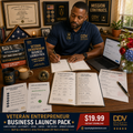 Veteran Entrepreneur Business Launch Pack — Launch Playbook + 40 AI prompts. SDVOSB certification roadmap, SAM.gov registration, first-100-days checklist, capability statement. DDV hero with a Black veteran entrepreneur, Retired U.S. Army First Sergeant, 29 years of service.