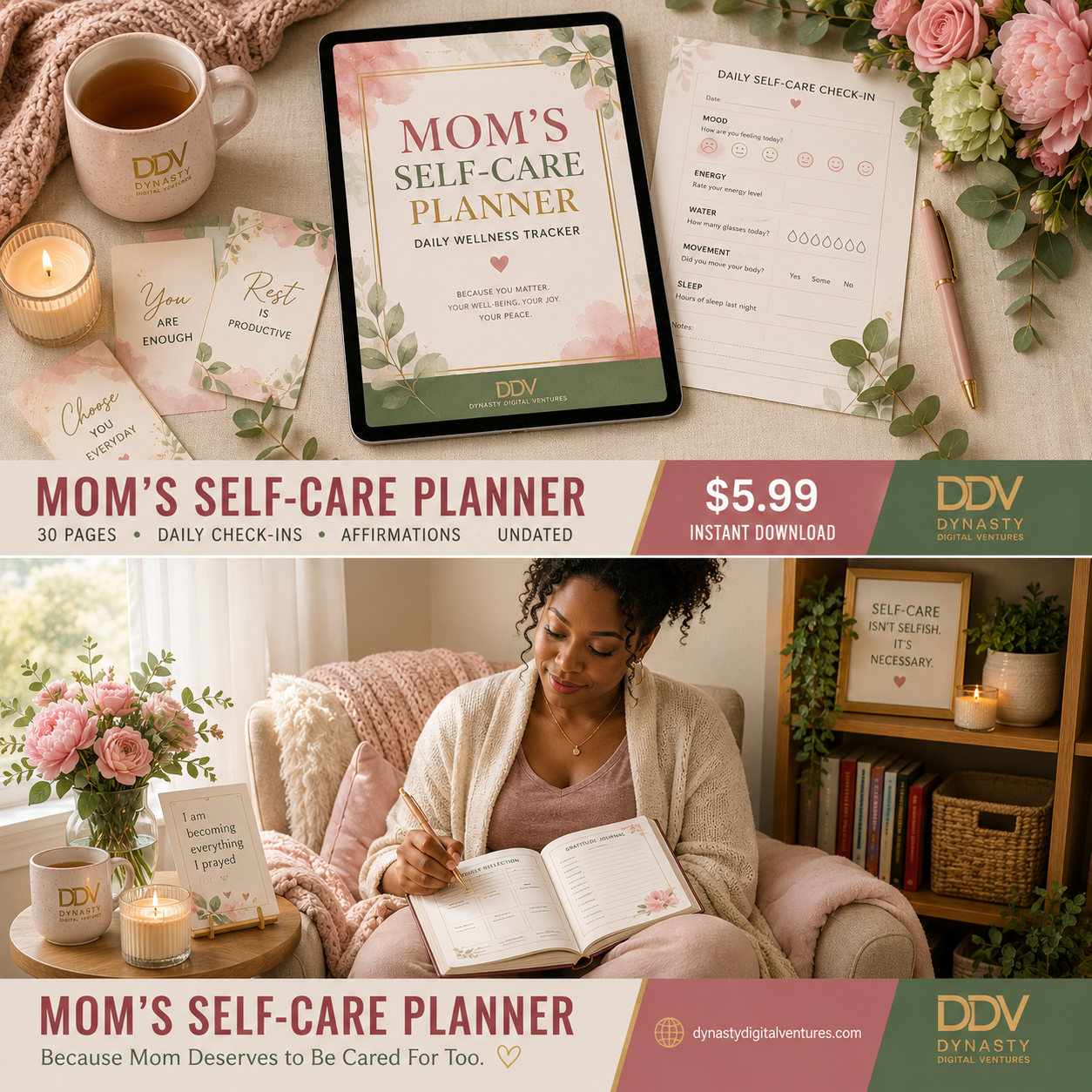 Mom's Self-Care Planner — 30-page printable daily wellness tracker. Warm cozy DDV flat-lay + lifestyle hero with a Black mom journaling.